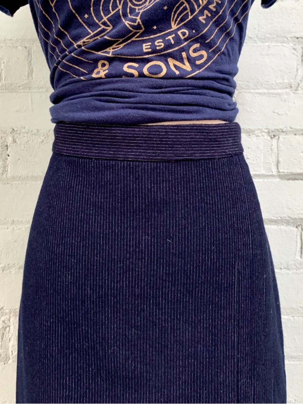 Navy Midi Pencil Skirt with Pleated Hem Detail and Pinstripes - Picture 6 of 8